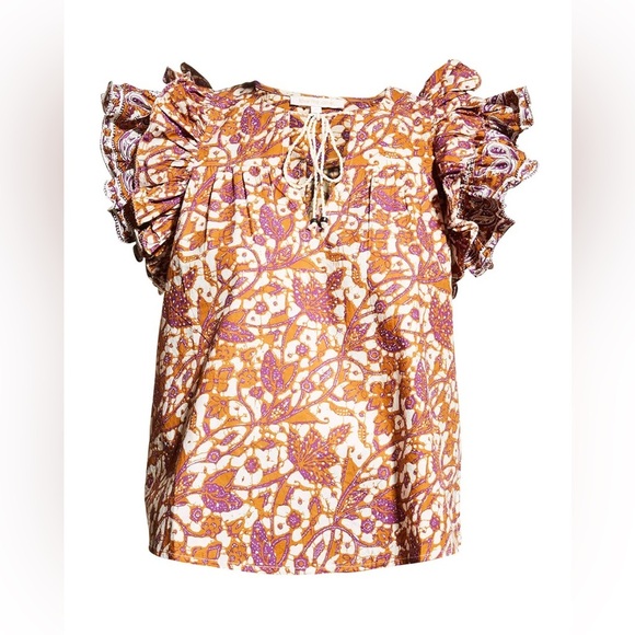 Love the Label Tops - Love the Label Anthropologie V-Neck Ruffle-Sleeve Top Small Mabel Khaki Print